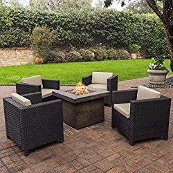Livingston Outdoor 4 Pc Club Chair Set w/Water Resistant Cushions & Stone Firepit (Brown)