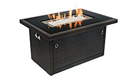 Outland Fire Table, Aluminum Frame Propane Fire Pit Table w/Black Tempered Glass Tabletop Resin Wicker Panels & Arctic Ice Glass Rocks, 35,000 BTU Auto-ignition