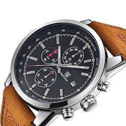 FOVICN Men’s  Fashion Business Quartz Watch with Brown Leather Strap Chronograph Waterproof Date Display Analog Sport Wrist Watches, Black
