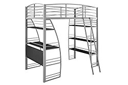 DHP Studio Loft Bunk Bed Over Desk and Bookcase with Metal Frame, Twin, Gray