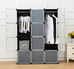 UNICOO – Multi Use DIY Plastic 12 Cube Organizer, Bookcase, Storage Cabinet, Wardrobe Closet Black with White Door (Deeper Cube)