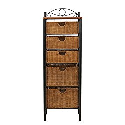Southern Enterprises 5 Drawer Storage Unit with Wicker Baskets, Black and Caramel Finish