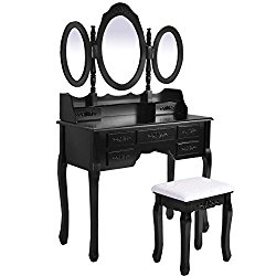 Giantex Tri Folding Oval Mirror Wood Vanity Makeup Table Set with Stool &7 Drawers (Black)