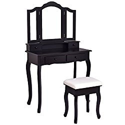 Giantex Vanity Set Tri-folding Mirror W/Bench 4 Drawer Dressing Table Make-up Vanity Table Set (Black)