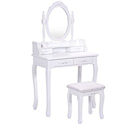 Giantex Vanity Wood Makeup Dressing Table Stool Set Bedroom with Mirror (Round Mirror, 4 Drawers)