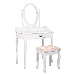 Giantex White Vanity Jewelry Makeup Dressing Table Set W/Stool Mirror Wood Desk (1 Drawer)