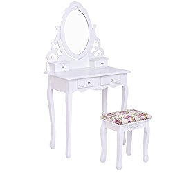 Giantex White Vanity Wood Makeup Dressing Table Stool Set w/Mirror&4Drawers&Rose Cushion
