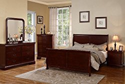 Louis Phillipe Cherry Queen Size Bedroom Set Featuring French Style Sleigh Platform Bed And Matching Nightstand, Dresser, Mirror, Chest by Poundex