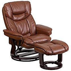 Flash Furniture Contemporary Brown Vintage Leather Recliner and Ottoman with Swiveling Mahogany Wood Base