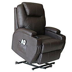 MAGIC UNION Deluxe Wall Hugger Power Lift Heated Vibrating Massage Recliner Chair with Wheels – Brown