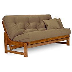 Arden Futon Set – Full Size Futon Frame with Mattress Included (8 Inch Thick Mattress, Twill Khaki Color), More Colors Available, Heavy Duty Wood, Popular Sofa Bed Choice