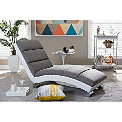 Baxton Studio Percy Modern Contemporary Grey Fabric and White Faux Leather Upholstered Chaise Lounge, Medium
