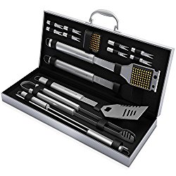 BBQ Grill Tools Set with 16 Barbecue Accessories – Stainless Steel Utensils with Aluminium Case – Complete Outdoor Grilling Kit
