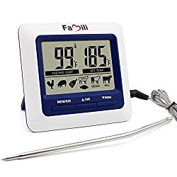 Famili MT004 Digital Kitchen Food Meat Cooking Electronic Thermometer Probe for BBQ, Oven, Grill, and Smoker with Timer Alarm and Large LCD Display