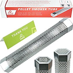 Premium Pellet Smoker Tube 12″ – for any Grill or Smoker, Hot or Cold Smoking – Easy, safety and tasty smoking – Hexagon shape – Stainless steel – Free eBook Grilling Ideas and Recipes – LizzQ