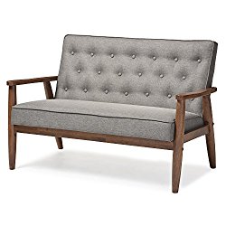 Baxton Studio Sorrento Mid-Century Retro Modern Fabric Upholstered Wooden 2-Seater Loveseat, Grey