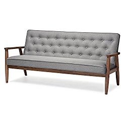 Baxton Studio Sorrento Mid-Century Retro Modern Fabric Upholstered Wooden 3-Seater Sofa, Grey