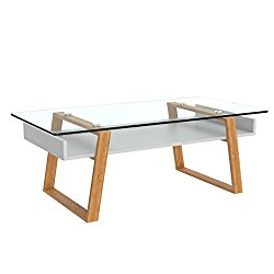 bonVIVO Designer Coffee Table Donatella, Modern Coffee Table For Living Room, White Coffee Table, Coffee or Side Table With Natural Wood Frame and Glass Top, Coffee Tables