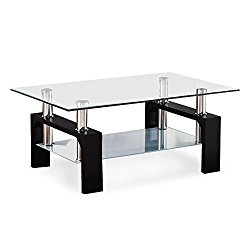 VIRREA Rectangular Glass Coffee Table Shelf Wood Living Room Furniture Chrome Base Black