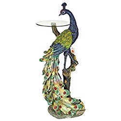 Design Toscano Peacock’s Perch Sculptural Glass-Topped Pedestal Table