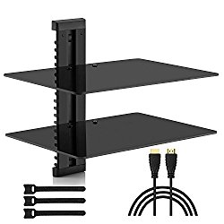 PERLESMITH AV Shelf – Double Floating Wall Mount Shelf – Holds up to 16.5lbs – DVD DVR Component Shelf with Strengthened Tempered Glass – Perfect for PS4, Xbox One, Xbox 360, TV box and Cable Box