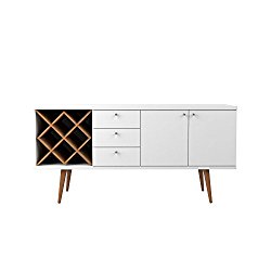 Manhattan Comfort Utopia Collection Mid Century Modern Sideboard Buffet Stand With 4 Bottle Wine Rack, Cabinet and 3 Drawers, Splayed Legs, White