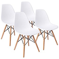 Furmax Eames Style Dining Chair Effiel Mid Century Modern DSW Chair Wood Eiffel Dowel-Legs, Shell Chair Lounge Chair for Bedroom KitchenDining, Living room , Set of 4 (White)