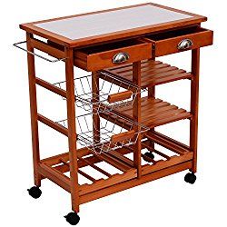 HomCom 29-Inch Portable Rolling Tile Top Kitchen Trolley Cart with 6-Bottle Wine Rack