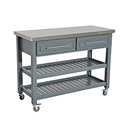 HomCom Country Style Kitchen Island – Rustic Rolling Storage Cart on Wheels w/ Stainless Steel Top