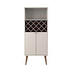 Manhattan Comfort Utopia Collection Mid Century Modern Wine Holder With Storage Cabinet and Three Shelves, Splayed Legs, Off White