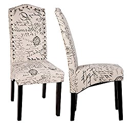 Merax Script Fabric Accent Chair Dining Room Chair with Solid Wood Legs, Beige ,Set of 2