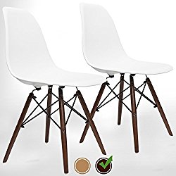 UrbanMod Eames Style Modern Dining Armless Side Chairs (Set of 2) Walnut Legs | Molded White ABS Plastic With Wood & Black Accents Iconic American Mid-Century Styling