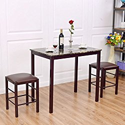 Giantex 3 PCS Table Set Faux Marble Counter Home Kitchen Bar Dining Table with 2 Stools(Red Brown)