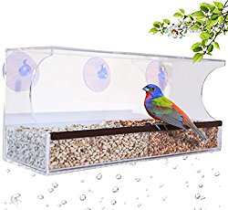 GrayBunny GB-6851 Deluxe Clear Window Bird Feeder, Large Wild Bird Feeder With Drain Holes, Removable Tray, Super Strong Suction Cups