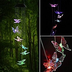 HOPESOOKY Outdoor Windlights Solar Mobile Powered LED Changing Light Color Wind Chimes for Outdoor Garden Décor Christmas (Butterfly)