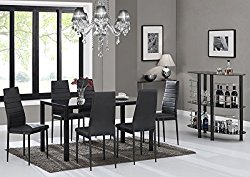IDS Online MLM-17429-6 7 Pieces Modern Glass Dining Set 7 Table, Black