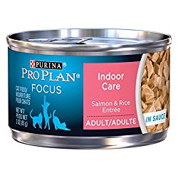 Purina Pro Plan Wet Cat Food, Focus, Adult Indoor Care Salmon and Rice Entre, 3-Ounce Can, Pack of  24