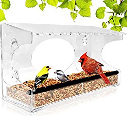 Window Bird Feeder – 2018 Model – Extended Roof – Steel Perch – Sliding Feed Tray Drains Water – See Wild Birds Up Close! – Large