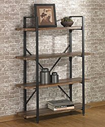 O&K Furniture 4 Tier Bookcases and Book Shelves, Industrial Vintage Metal and Wood Bookcases Furniture