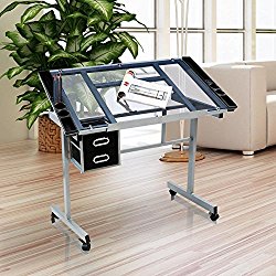 Yaheetech Adjustable Drafting Drawing table Rolling Drafting Desk Tempered Glass Top