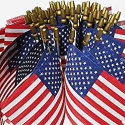 Hand Held American Flags on Sticks 60-Pack 4”x6” Made in USA, Sold by Vets, American Quality, Vivid Colors, Rain Proof, Kid-Safe Spear Top. Perfect for Parades, Scout Troops, Returning Servicemen