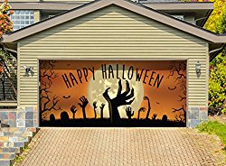 Outdoor Halloween Holiday Garage Door Banner Cover Mural Décoration – Happy Halloween Graveyard Zombie Hands – Outdoor Halloween Holiday Garage Door Banner Décor Sign 7’x 16′