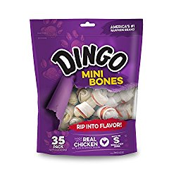 Dingo Mini Bones give your dog the classic shaped chew they crave. Mini- sized for your favorite little friend, these bones wrap real chicken with premium rawhide. You and your pup will love these protein packed mighty bites!