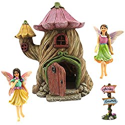 Fairy Garden Fairy House – Accessories Kit with Miniature Garden Fairies – House is 7”(18cm) High – Door can open wide – Supplies by Pretmanns