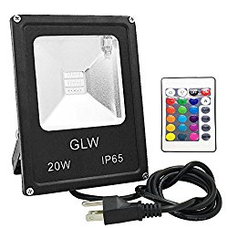 GLW LED RGB Flood Light, 20W Outdoor Color Changing Lights With Remote Control, IP65 Waterproof Dimmable Wall Washer Light, Flood Lamp 16 Colors 4 Modes with US 3-Plug
