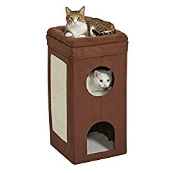 MidWest Curious Cat Cube, Cat House / Cat Condo, Tri-Level Design in Brown Faux Suede & Synthetic Sheepskin