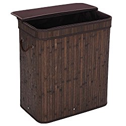 SONGMICS Folding Laundry Basket with Lid Handles and Removable Liner Bamboo Hampers Dirty Clothes Storage Rectangular Dark Brown ULCB63B