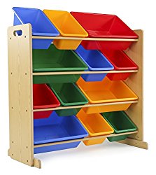Tot Tutors Kids’ Toy Storage Organizer with 12 Plastic Bins, Natural/Primary (Primary Collection)