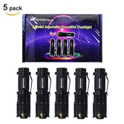 Goldenguy 5 Pack Mini Cree Q5 Tactical LED Flashlight Torch 7w 300lm Adjustable Focus Zoomable Tac Light (Black)