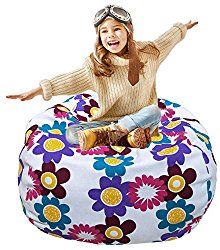 Kid’s Stuffed Animal Storage Bean Bag Chair with Extra Long Zipper, Carrying Handle, Large Size at 38″, 100% Sturdy Cotton. Excellent Solution for Toys and Clothes, Available For Boys And Girls